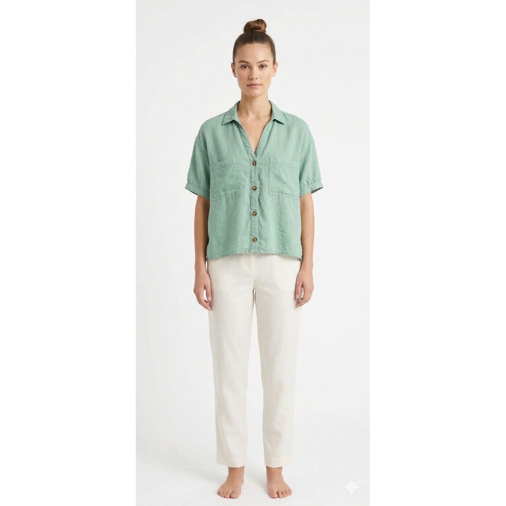 Pilcro Anthropologie Green Linen Blend Short Sleeve Button Up Cropped Shirt S